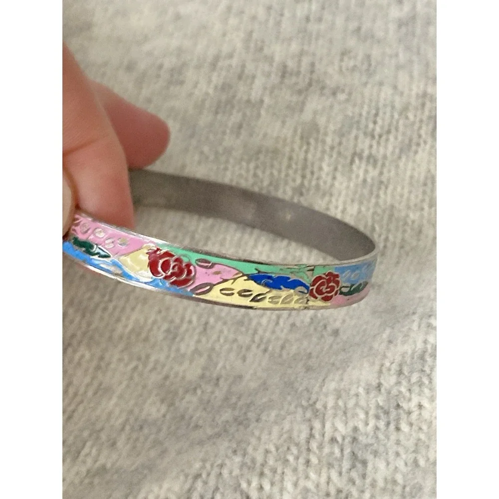 Vintage Cloisonne Style Floral Bangle‎ Bracelet Silver Tone Enamel Roses Floral
